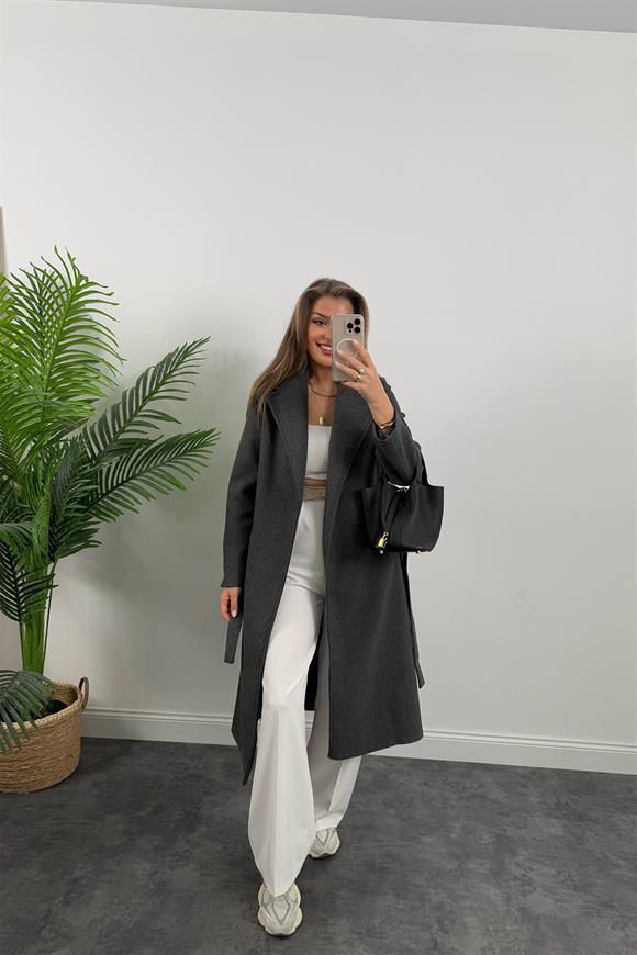 Premium Kalite Kuşaklı Basic Kaşe Kaban Antasit