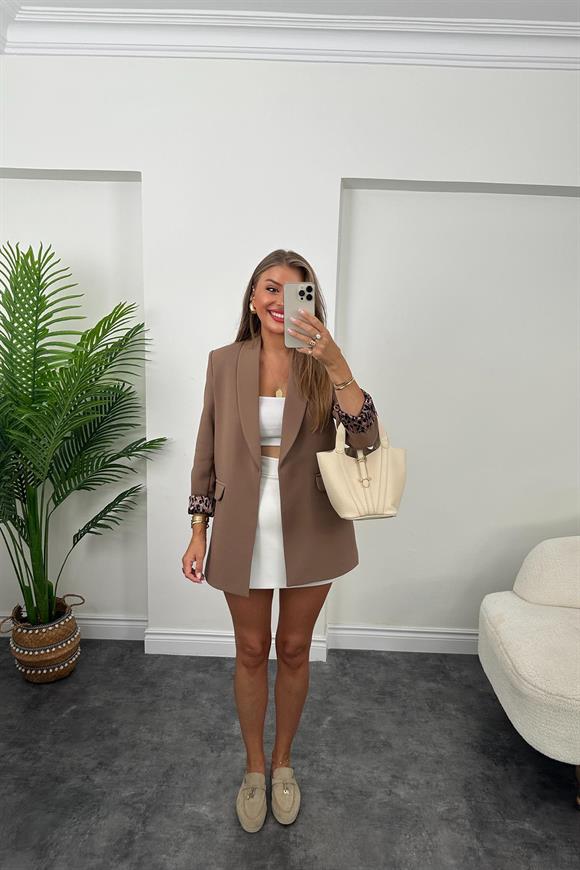 Premium Kalite Leopar Astarlı Double Kumaş Blazer Ceket Kahverengi 