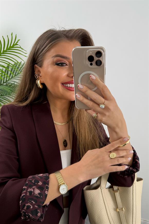 Premium Kalite Leopar Astarlı Double Kumaş Blazer Ceket Mürdüm Bordo