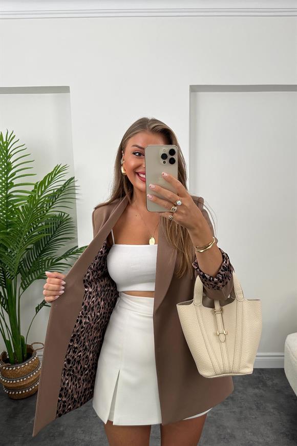 Premium Kalite Leopar Astarlı Double Kumaş Blazer Ceket Kahverengi 