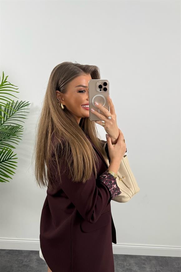 Premium Kalite Leopar Astarlı Double Kumaş Blazer Ceket Mürdüm Bordo