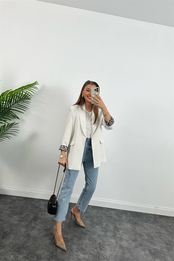Premium Kalite Leopar Astarlı Double Kumaş Blazer Ceket Beyaz