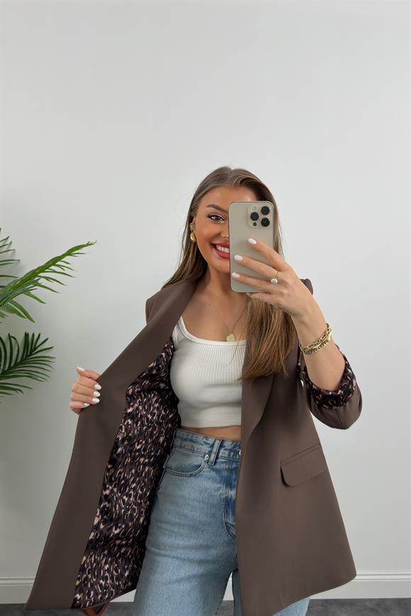 Premium Kalite Leopar Astarlı Double Kumaş Blazer Ceket Acı Kahve