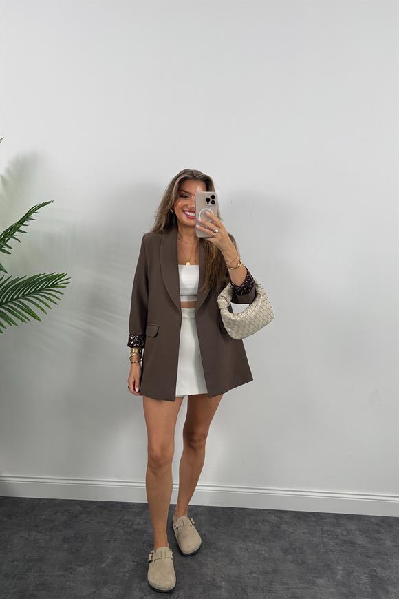 Premium Kalite Leopar Astarlı Double Kumaş Blazer Ceket Koyu Kahve