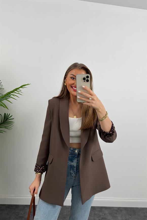 Premium Kalite Leopar Astarlı Double Kumaş Blazer Ceket Acı Kahve