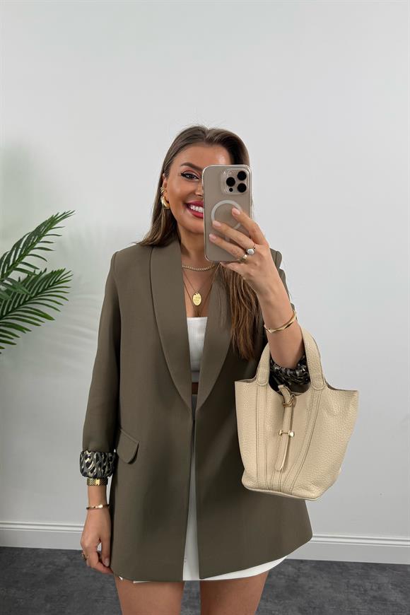 Premium Kalite Leopar Astarlı Double Kumaş Blazer Ceket Koyu Haki