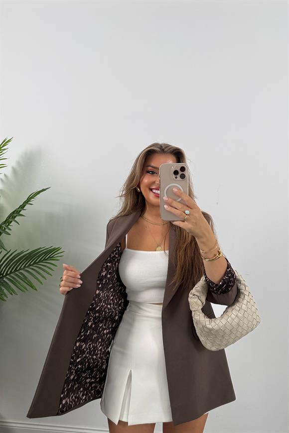 Premium Kalite Leopar Astarlı Double Kumaş Blazer Ceket Koyu Kahve