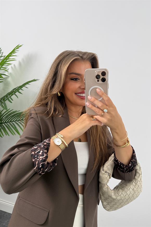 Premium Kalite Leopar Astarlı Double Kumaş Blazer Ceket Koyu Kahve