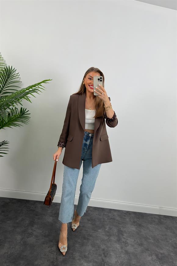 Premium Kalite Leopar Astarlı Double Kumaş Blazer Ceket Acı Kahve