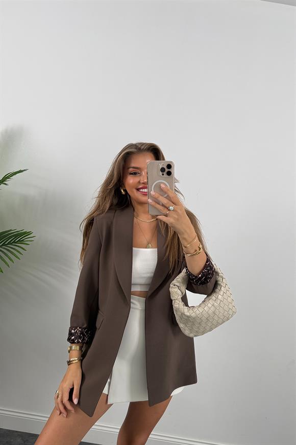 Premium Kalite Leopar Astarlı Double Kumaş Blazer Ceket Koyu Kahve