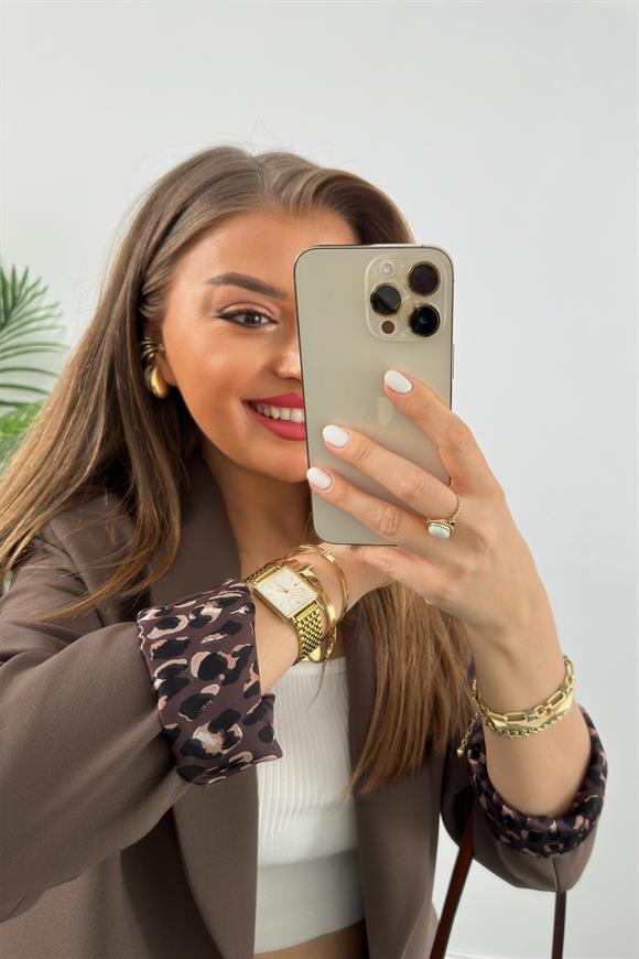 Premium Kalite Leopar Astarlı Double Kumaş Blazer Ceket Acı Kahve