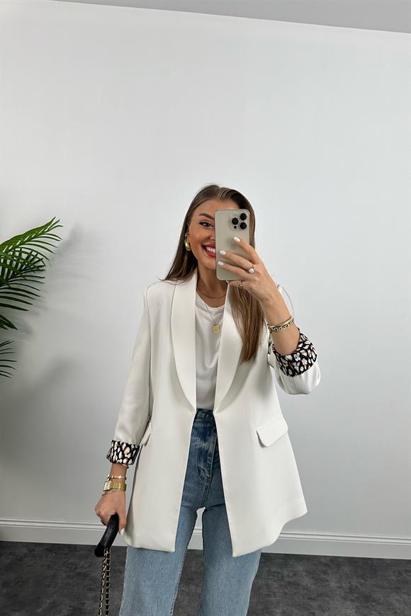 Premium Kalite Leopar Astarlı Double Kumaş Blazer Ceket Beyaz