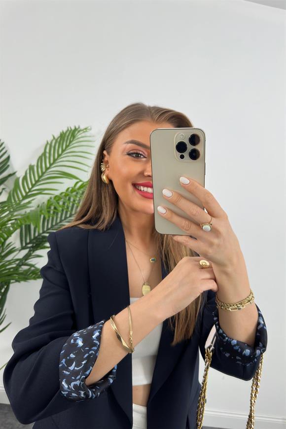 Premium Kalite Leopar Astarlı Double Kumaş Blazer Ceket Lacivert