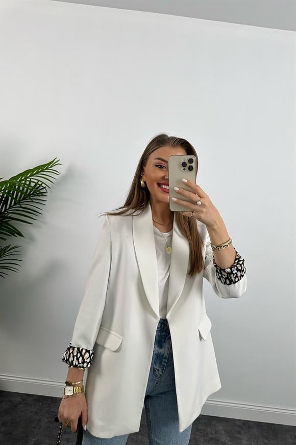 Premium Kalite Leopar Astarlı Double Kumaş Blazer Ceket Beyaz