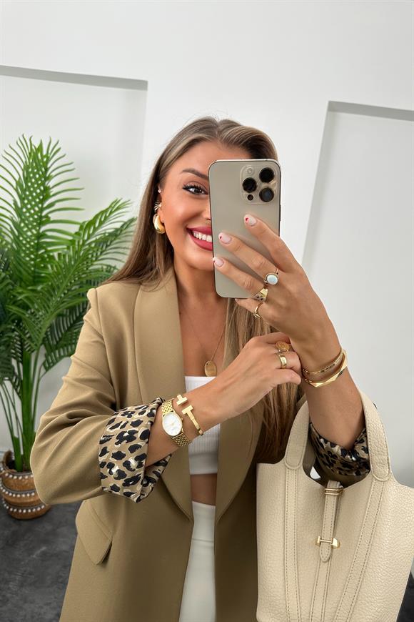 Premium Kalite Leopar Astarlı Double Kumaş Blazer Ceket Olive