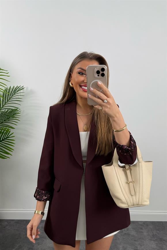Premium Kalite Leopar Astarlı Double Kumaş Blazer Ceket Mürdüm Bordo