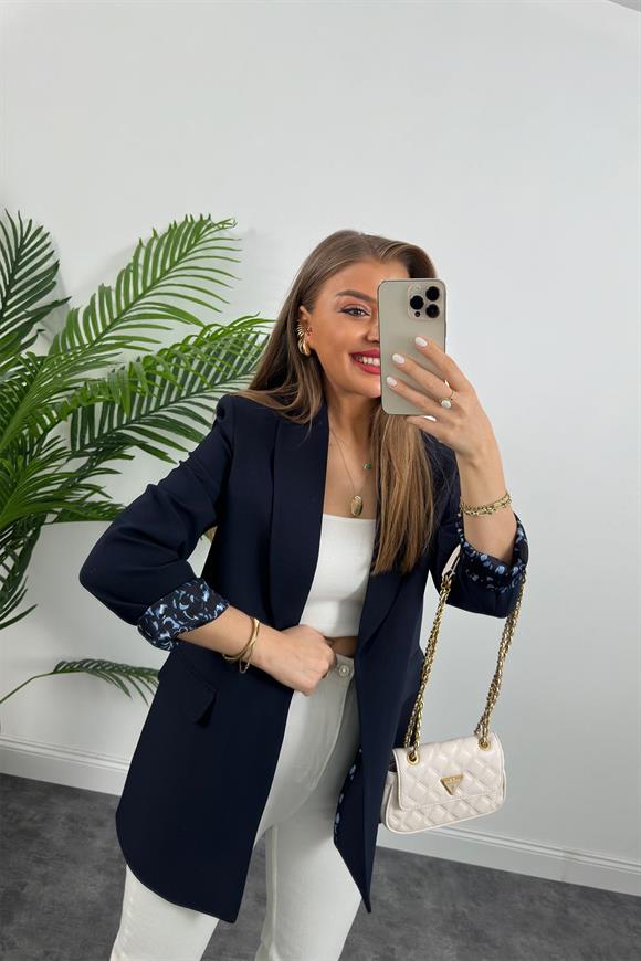 Premium Kalite Leopar Astarlı Double Kumaş Blazer Ceket Lacivert