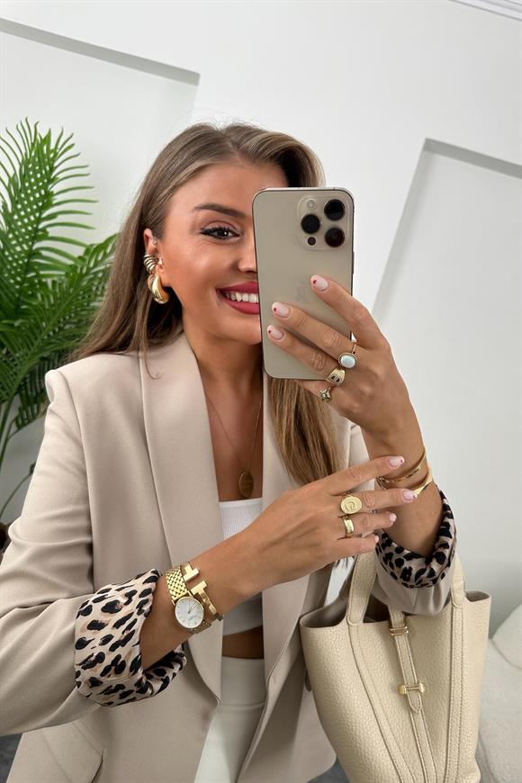 Premium Kalite Leopar Astarlı Double Kumaş Blazer Ceket Taş 