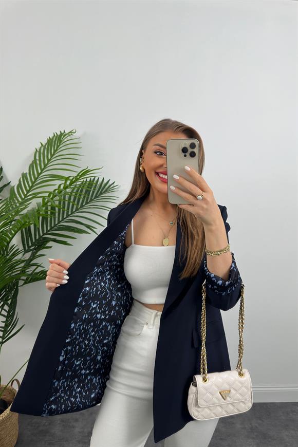 Premium Kalite Leopar Astarlı Double Kumaş Blazer Ceket Lacivert