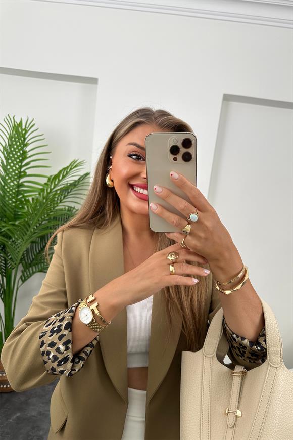 Premium Kalite Leopar Astarlı Double Kumaş Blazer Ceket Olive