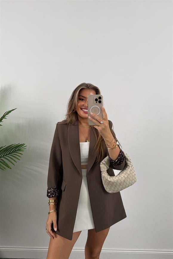 Premium Kalite Leopar Astarlı Double Kumaş Blazer Ceket Koyu Kahve