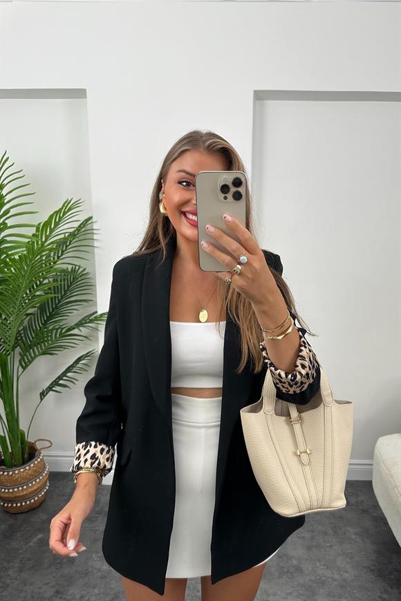 Premium Kalite Leopar Astarlı Double Kumaş Blazer Ceket Sıyah    