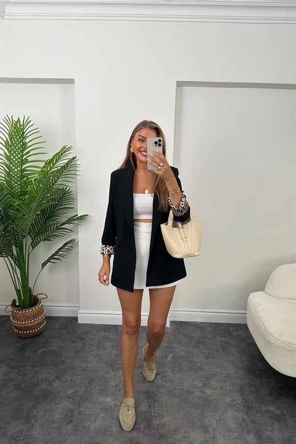 Premium Kalite Leopar Astarlı Double Kumaş Blazer Ceket Sıyah    