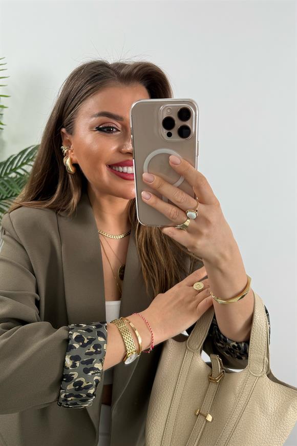 Premium Kalite Leopar Astarlı Double Kumaş Blazer Ceket Koyu Haki