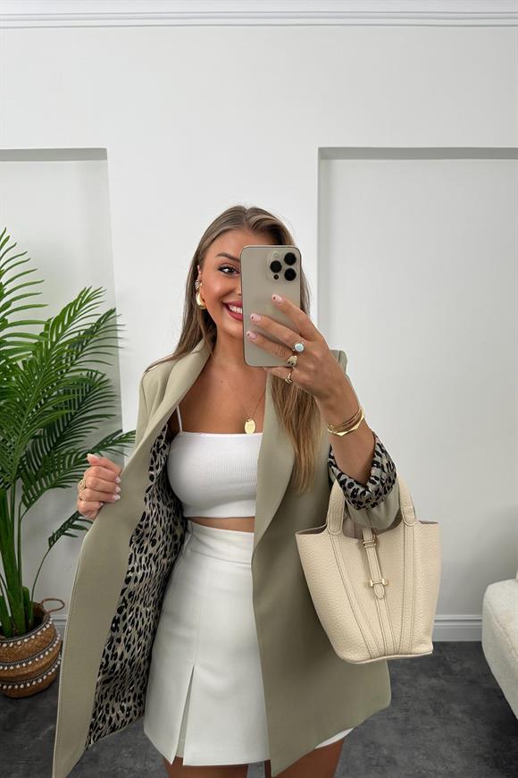 Premium Kalite Leopar Astarlı Double Kumaş Blazer Ceket Haki 
