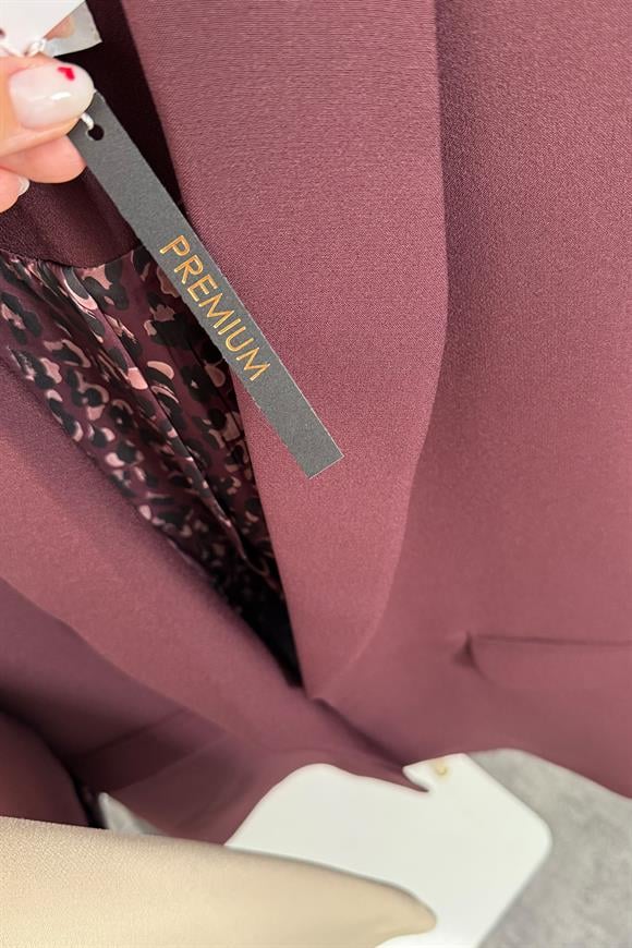 Premium Kalite Leopar Astarlı Double Kumaş Blazer Ceket Mürdüm Bordo
