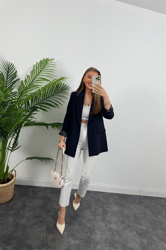 Premium Kalite Leopar Astarlı Double Kumaş Blazer Ceket Lacivert