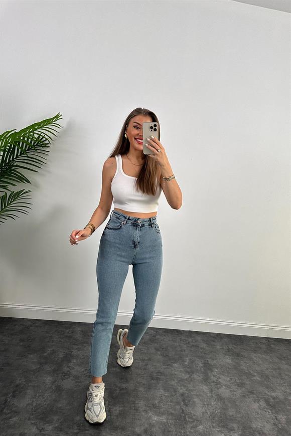 Premium Kalite Power Likra Paça Kesik Boyfit Jean Yıkamalı Mavi