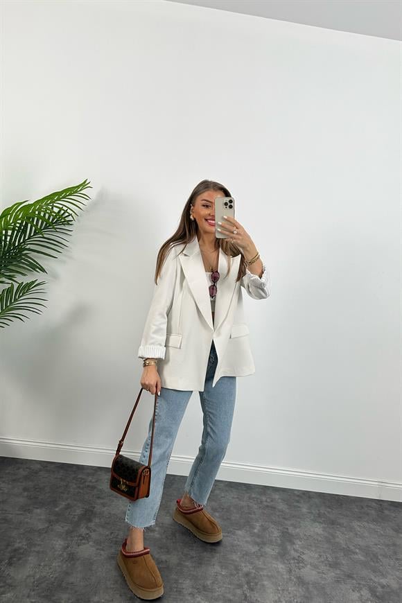 Premium Kalite Marin Astarlı Double Kumaş Blazer Ceket Beyaz