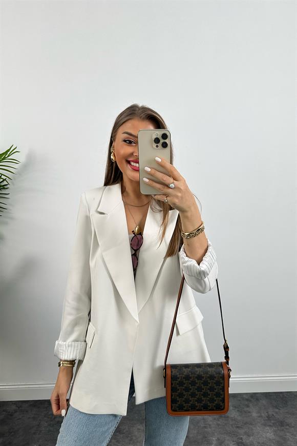 Premium Kalite Marin Astarlı Double Kumaş Blazer Ceket Beyaz