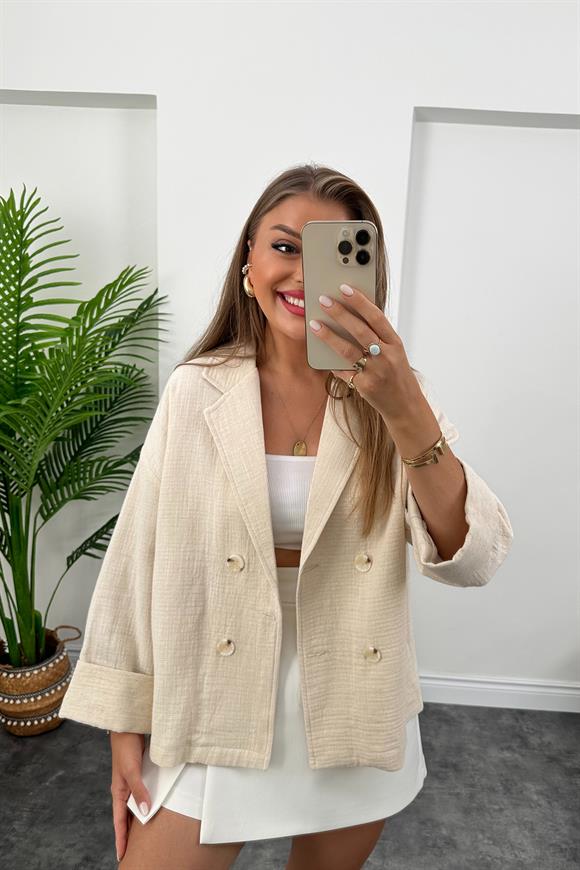 Premium Kalite Naturel Kumaş Blazer Ceket Taş