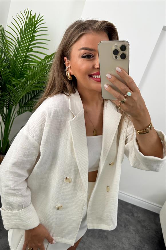Premium Kalite Naturel Kumaş Blazer Ceket Beyaz