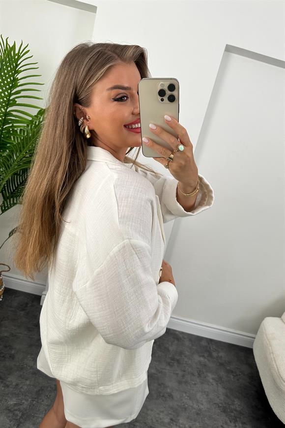 Premium Kalite Naturel Kumaş Blazer Ceket Beyaz