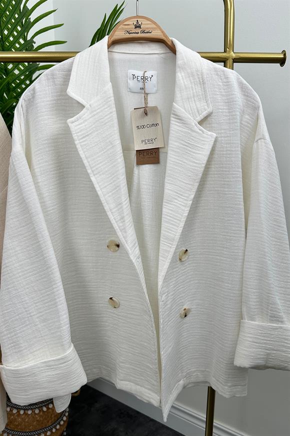 Premium Kalite Naturel Kumaş Blazer Ceket Beyaz