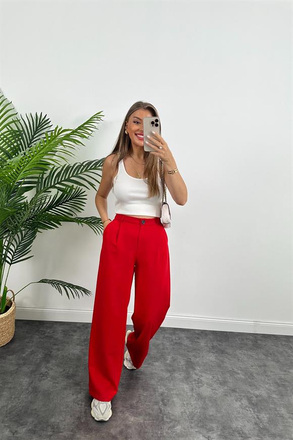Premium Kalite Nisan Marka Double Kumaş Palazzo Pantolon Kırmızı