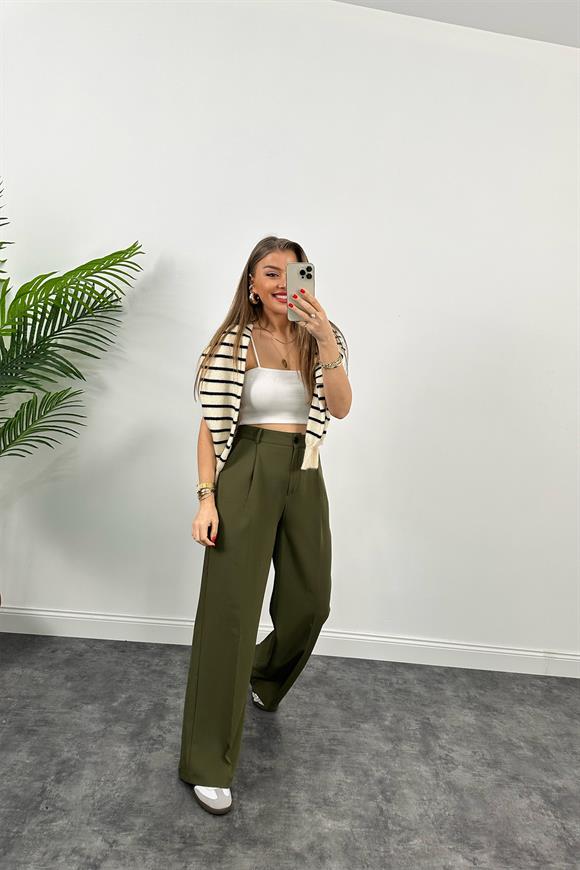 Premium Kalite Nisan Marka Double Kumaş Palazzo Pantolon Haki 