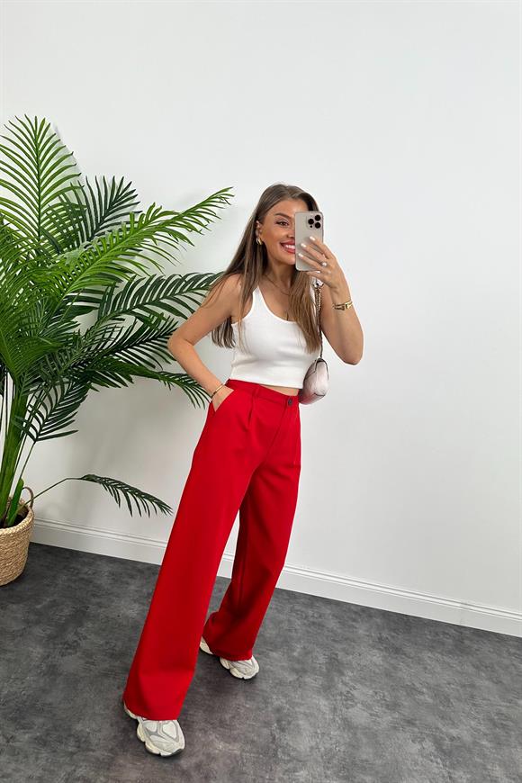 Premium Kalite Nisan Marka Double Kumaş Palazzo Pantolon Kırmızı