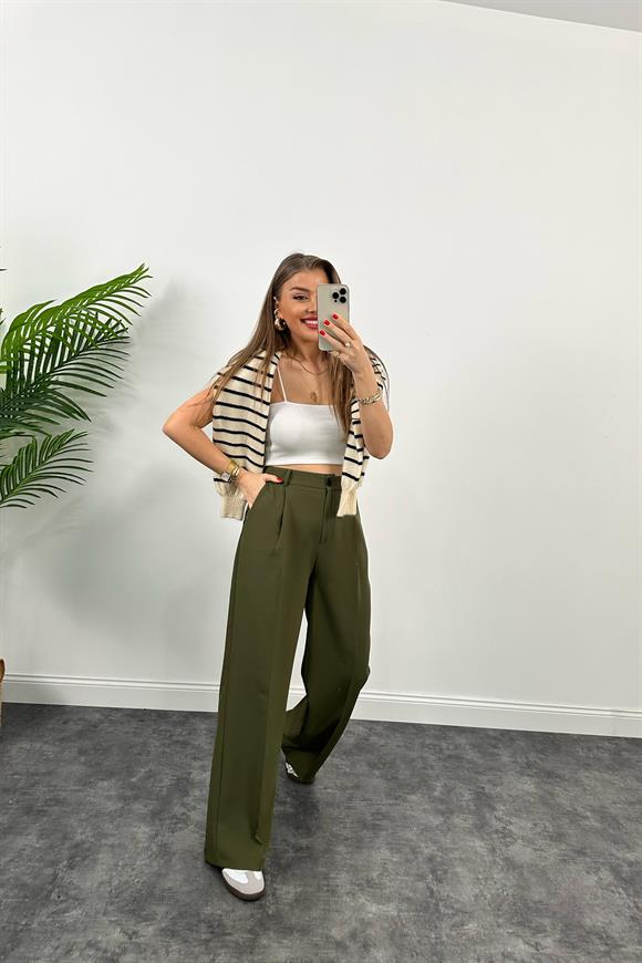 Premium Kalite Nisan Marka Double Kumaş Palazzo Pantolon Haki 