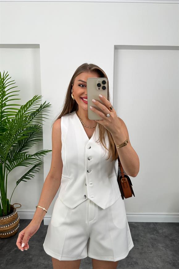 Premium Kalite Özel Kalın Kumaş Şort Yelek Takım Beyaz