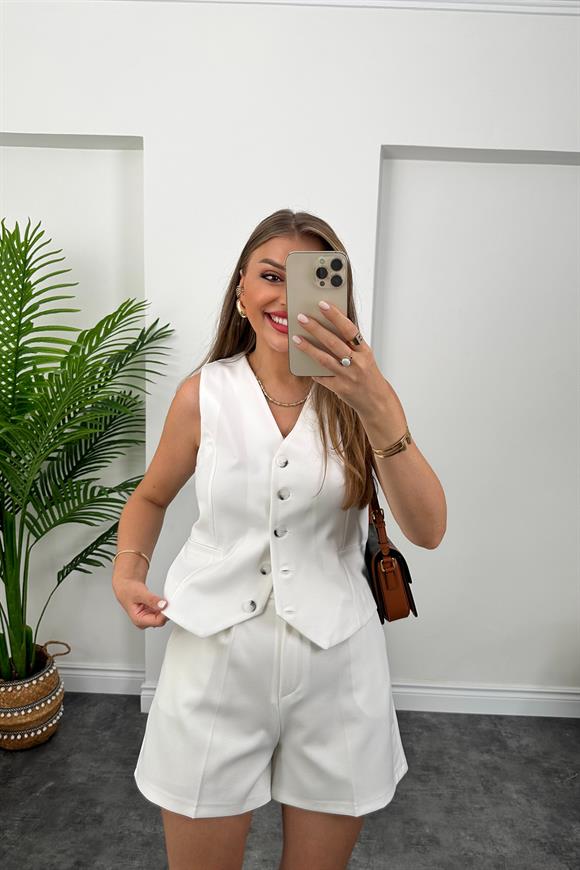 Premium Kalite Özel Kalın Kumaş Şort Yelek Takım Beyaz