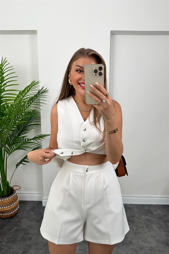 Premium Kalite Özel Kalın Kumaş Şort Yelek Takım Beyaz