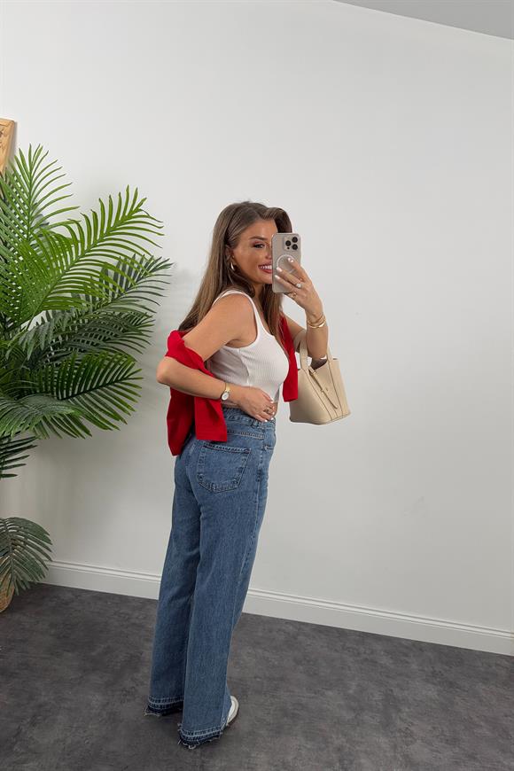 Premium Kalite Paça Detaylı Bol Paça Jean Klasik Mavi