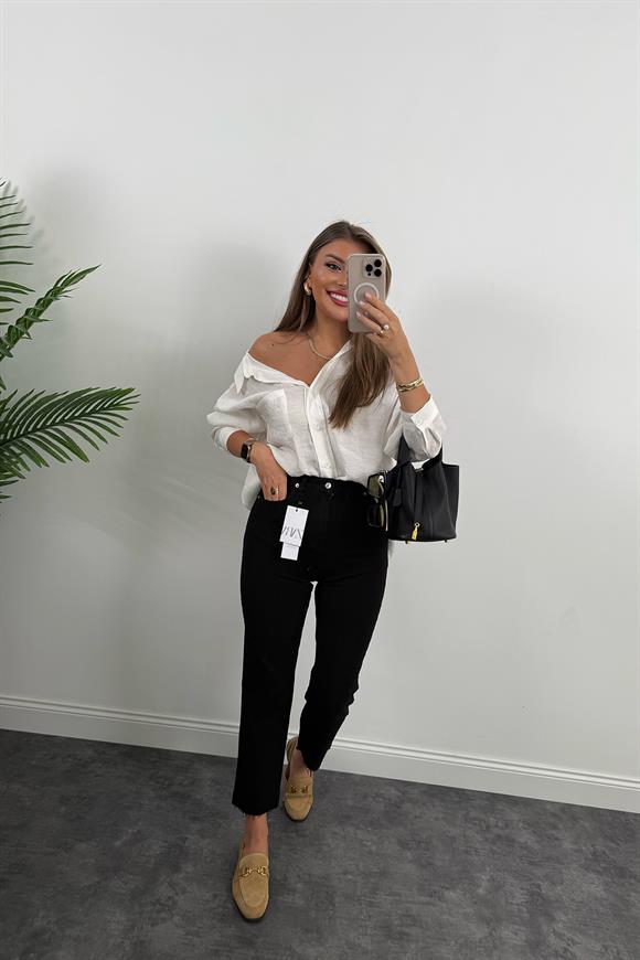 Likralı Premium Kalite Paçası Kesik Siyah Boyfit Jean