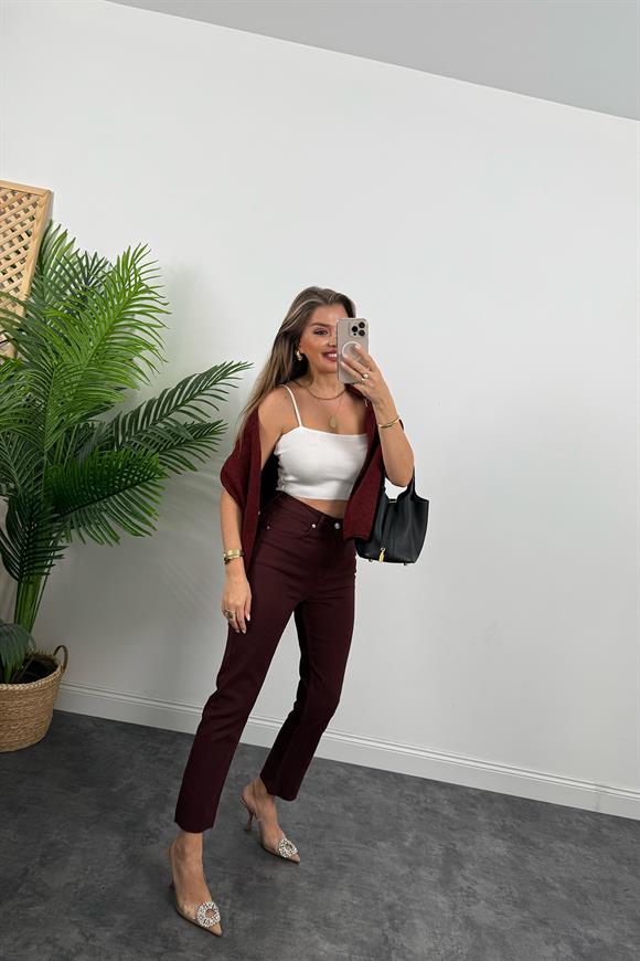 Premium Kalite Paçası Kesik Likralı Boyfit Jean Bordo