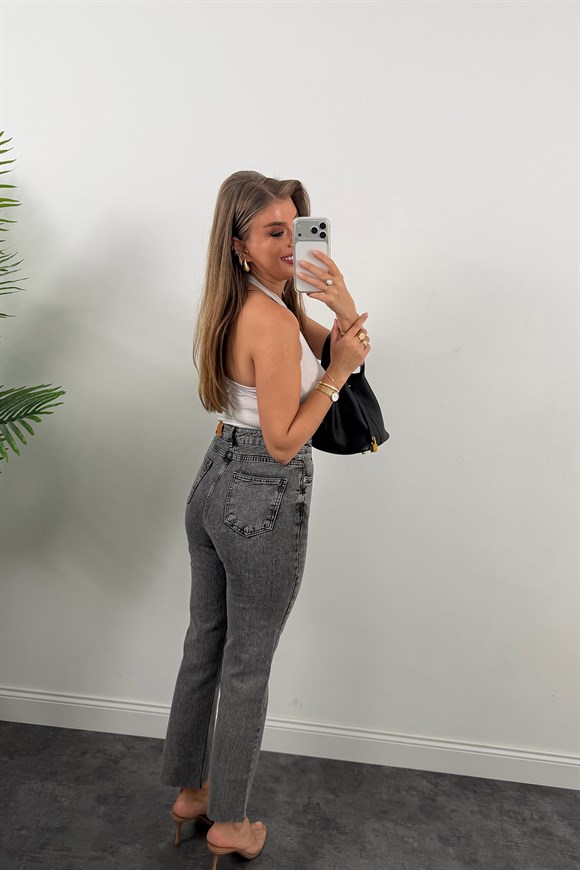 Premium Kalite Paçası Kesik Toparlayıcı Boyfit Jean Açık Gri 1008 