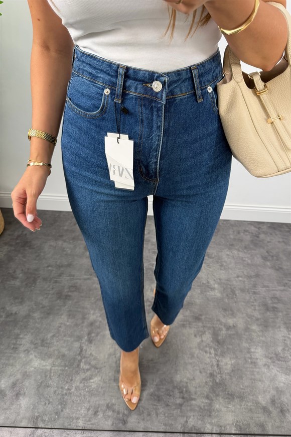 Premium Kalite Paçası Kesik Toparlayıcı Boyfit Jean Vintage Dark Blue 1020 